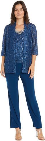 3pc pant set أعلى ث/لؤلؤة خط العنق سترة الستترات الدانتيل وسحب السحب على مرنة in Kuwait