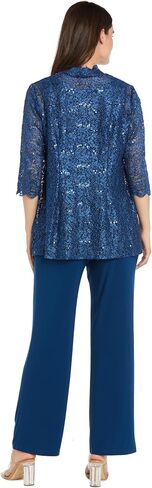 3pc pant set أعلى ث/لؤلؤة خط العنق سترة الستترات الدانتيل وسحب السحب على مرنة in Kuwait