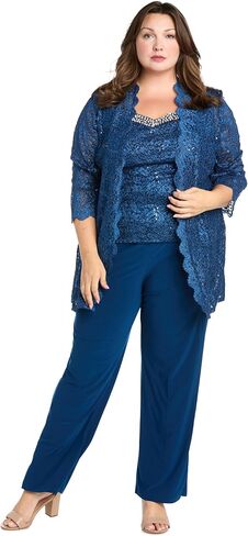 3pc pant set أعلى ث/لؤلؤة خط العنق سترة الستترات الدانتيل وسحب السحب على مرنة in Kuwait