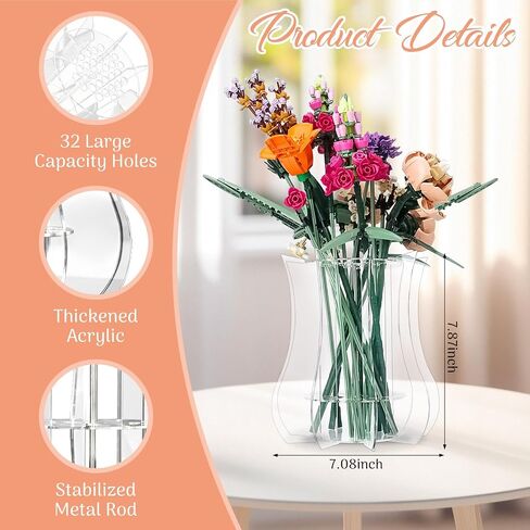 Vase Holder fit for Lego Flowers Bouquet - Acrylic Puzzle Vase fit for Lego Botanical Collection Building, Adult Gift Display Stand for Roses Orchid Sunflower (Transparent) in Saudi Arabia
