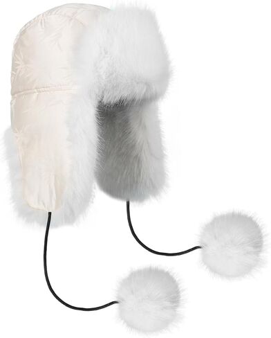 JIAHG Women Winter Warm Hat Faux Fur Trapper Cap with Pom Pom Furry Ushanka Earflap Russian Snow Hat for Skiing Cycling in Saudi Arabia