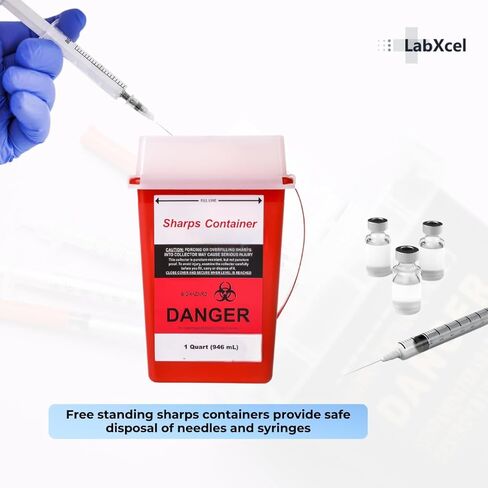 Polypropylene 1 Gallon Sharps Container with Cap – Needle & Syringe Disposal for Home & Professional Use, Free Standing, Translucent Sliding Lid, PVC-Free Medical Waste Bin – Red, 3 Count in Kuwait