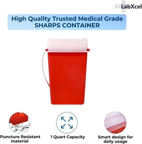 Polypropylene 1 Gallon Sharps Container with Cap – Needle & Syringe Disposal for Home & Professional Use, Free Standing, Translucent Sliding Lid, PVC-Free Medical Waste Bin – Red, 3 Count in Kuwait