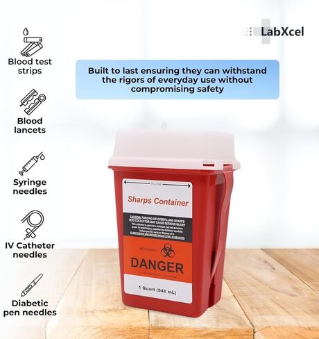 Polypropylene 1 Gallon Sharps Container with Cap – Needle & Syringe Disposal for Home & Professional Use, Free Standing, Translucent Sliding Lid, PVC-Free Medical Waste Bin – Red, 3 Count in Kuwait