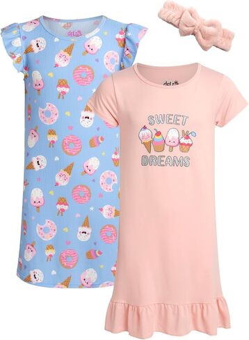 الفتيات Lightgowns - 2 حزمة قصيرة الأكمام ليلة ثوب نوم لباس بيجاما فستان للأطفال مع الشعر scrunchie (الأحجام: 4-14) in Kuwait