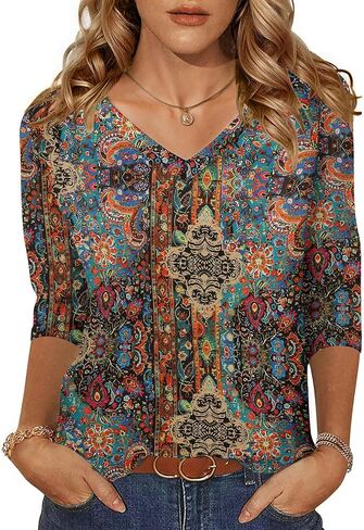 Zeagoo Womens 3/4 Length Sleeve Tunic Tops Casual V Neck Shirts Basic Tees Business Work Blouses Summer Fall 2025 Clothes in Kuwait