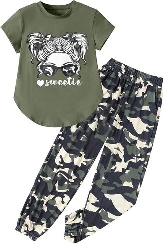 Girls Outfits Short Sleeve Irregular Tops + Camouflage Long Legging Outfits 2PCs Summer Pant Sets 6-14T in Saudi Arabia