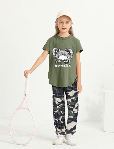 Girls Outfits Short Sleeve Irregular Tops + Camouflage Long Legging Outfits 2PCs Summer Pant Sets 6-14T in Saudi Arabia