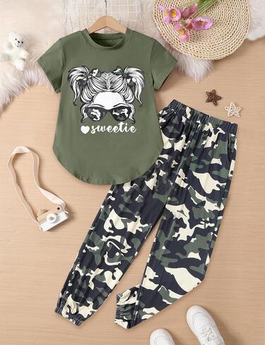 Girls Outfits Short Sleeve Irregular Tops + Camouflage Long Legging Outfits 2PCs Summer Pant Sets 6-14T in Saudi Arabia