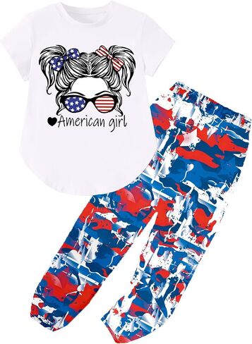 Girls Outfits Short Sleeve Irregular Tops + Camouflage Long Legging Outfits 2PCs Summer Pant Sets 6-14T in Saudi Arabia