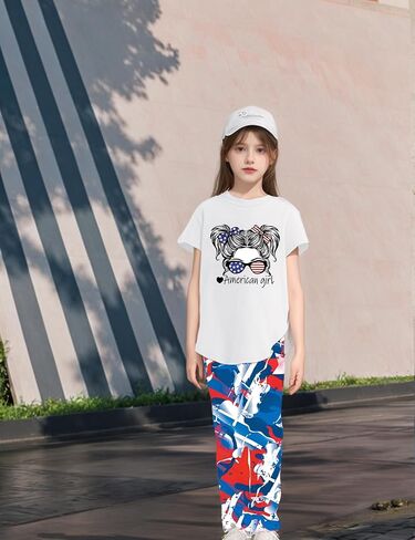 Girls Outfits Short Sleeve Irregular Tops + Camouflage Long Legging Outfits 2PCs Summer Pant Sets 6-14T in Saudi Arabia