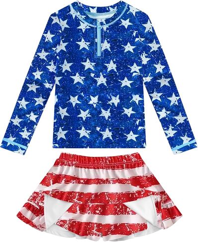 Girls Rash Guard Set Two Pieces Printed Zipper Swimsuit Skirt with Shorts 3-12T in Kuwait