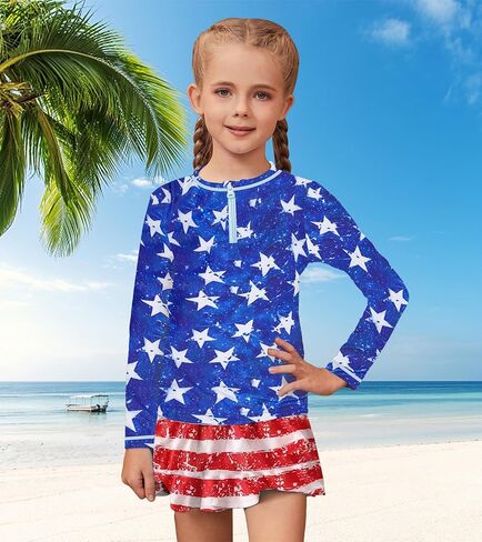 Girls Rash Guard Set Two Pieces Printed Zipper Swimsuit Skirt with Shorts 3-12T in Kuwait