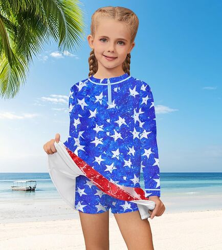 Girls Rash Guard Set Two Pieces Printed Zipper Swimsuit Skirt with Shorts 3-12T in Kuwait