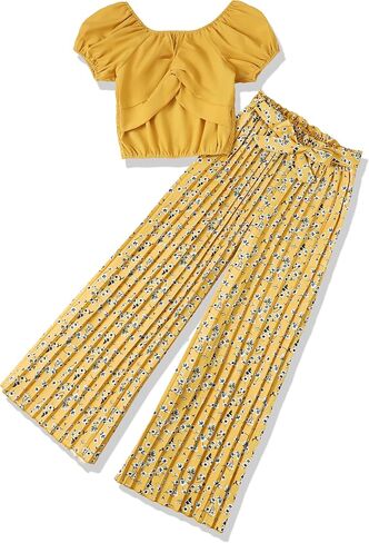 XUANHAO Toddler Girls Clothes Summer Puff Sleeve Smocked Shirt Top Wide Leg Pants Outfits Kids Girl's Clothing Set in Kuwait