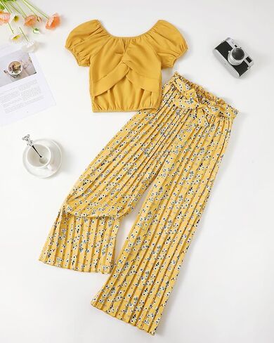 XUANHAO Toddler Girls Clothes Summer Puff Sleeve Smocked Shirt Top Wide Leg Pants Outfits Kids Girl's Clothing Set in Kuwait