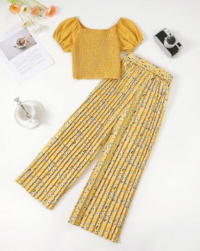 XUANHAO Toddler Girls Clothes Summer Puff Sleeve Smocked Shirt Top Wide Leg Pants Outfits Kids Girl's Clothing Set in Kuwait