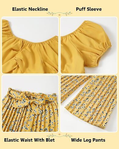 XUANHAO Toddler Girls Clothes Summer Puff Sleeve Smocked Shirt Top Wide Leg Pants Outfits Kids Girl's Clothing Set in Kuwait