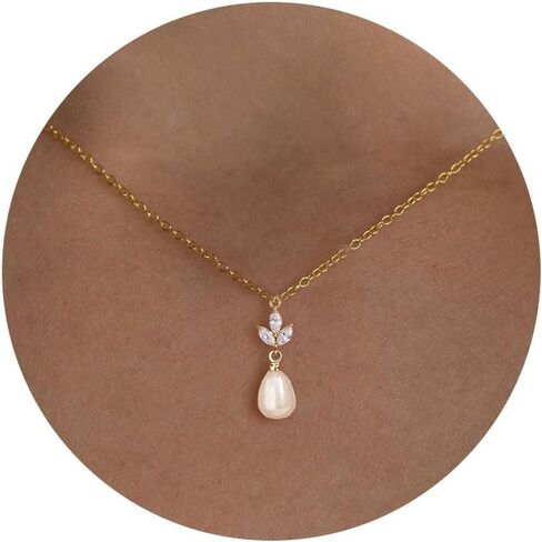 Pearl Necklace: 14K Gold-Plated/White Gold-plated Pearl Necklace for Women 16.5" + 2" in Kuwait