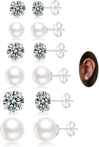 Senteria 925 Sterling Silver Pearl Earrings Studs Set Hypoallergenic Small Stud Earrings Lightweight Shiny Earrings Studs for Women 6 Pairs 3-10MM in Kuwait
