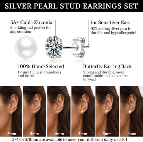 Senteria 925 Sterling Silver Pearl Earrings Studs Set Hypoallergenic Small Stud Earrings Lightweight Shiny Earrings Studs for Women 6 Pairs 3-10MM in Kuwait