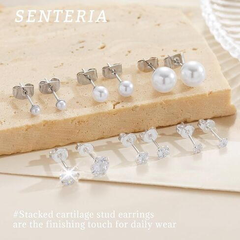 Senteria 925 Sterling Silver Pearl Earrings Studs Set Hypoallergenic Small Stud Earrings Lightweight Shiny Earrings Studs for Women 6 Pairs 3-10MM in Kuwait