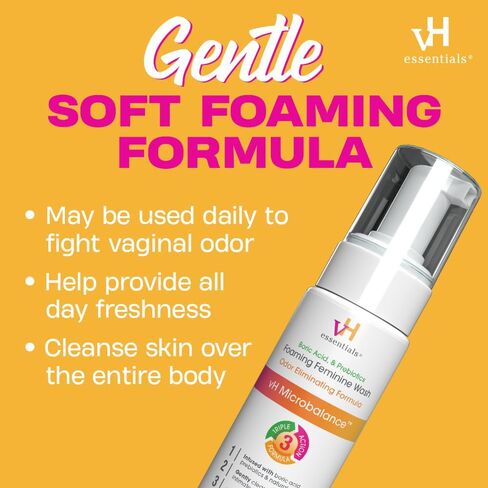 vH essentials Foaming Feminine Wash - Fragrance Free - Ph Balanced, Hypoallergenic, Prebiotics, Natural Botanical Extracts and Vitamins - Odor Eliminating Formula - 6 Fl Oz in Saudi Arabia