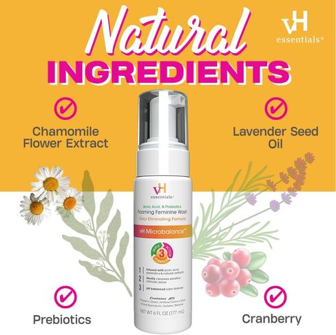 vH essentials Foaming Feminine Wash - Fragrance Free - Ph Balanced, Hypoallergenic, Prebiotics, Natural Botanical Extracts and Vitamins - Odor Eliminating Formula - 6 Fl Oz in Saudi Arabia