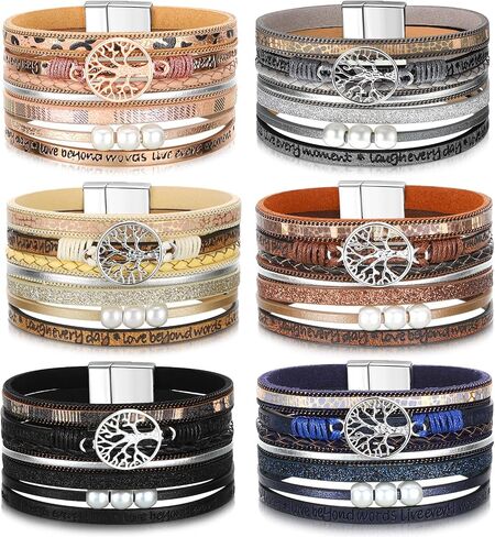 Yinkin 6 PCS Boho Pu Leather Writ Bracelets for Women Stack Stack Multi Layer Bohemian Cuff Bracelet in Kuwait