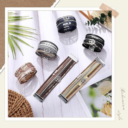 Yinkin 6 PCS Boho Pu Leather Writ Bracelets for Women Stack Stack Multi Layer Bohemian Cuff Bracelet in Kuwait