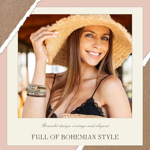 Yinkin 6 PCS Boho Pu Leather Writ Bracelets for Women Stack Stack Multi Layer Bohemian Cuff Bracelet in Kuwait