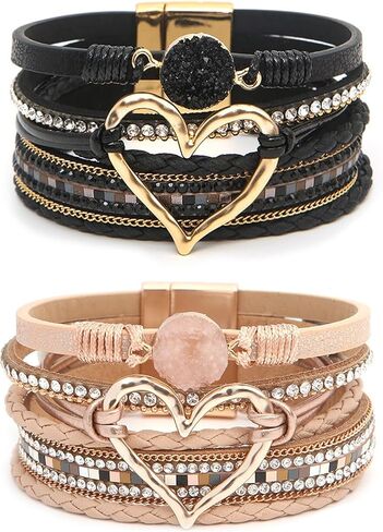 2Pcs Boho Bracelets Woven Leather Multi-Layer Wrap Bracelet Gold Love Heart Shape Inlaid Rhinestone Stackable Fashion Women Bracelet Jewelry in Saudi Arabia