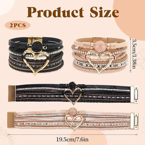 2Pcs Boho Bracelets Woven Leather Multi-Layer Wrap Bracelet Gold Love Heart Shape Inlaid Rhinestone Stackable Fashion Women Bracelet Jewelry in Saudi Arabia