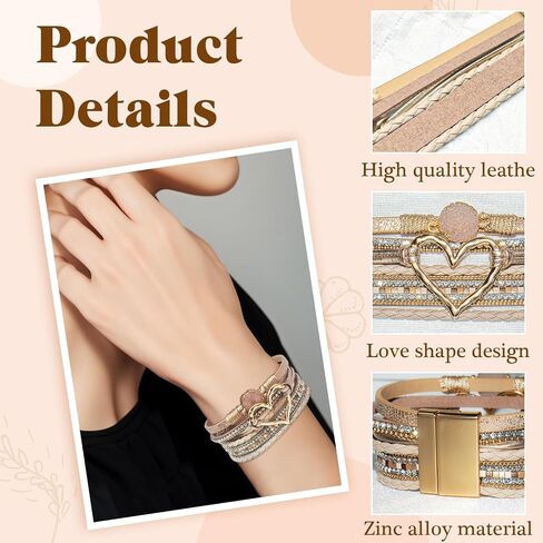 2Pcs Boho Bracelets Woven Leather Multi-Layer Wrap Bracelet Gold Love Heart Shape Inlaid Rhinestone Stackable Fashion Women Bracelet Jewelry in Saudi Arabia