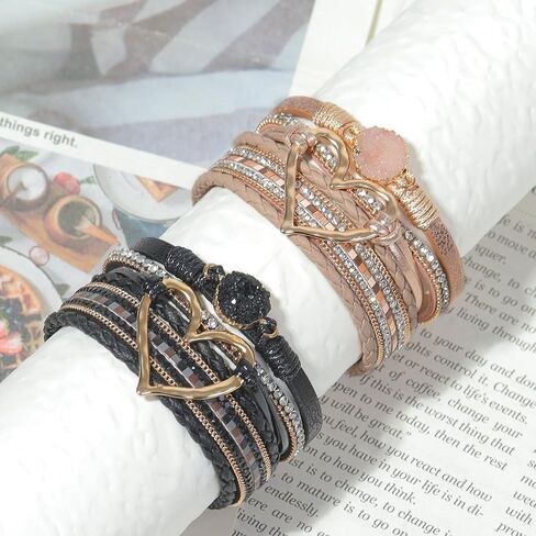 2Pcs Boho Bracelets Woven Leather Multi-Layer Wrap Bracelet Gold Love Heart Shape Inlaid Rhinestone Stackable Fashion Women Bracelet Jewelry in Saudi Arabia