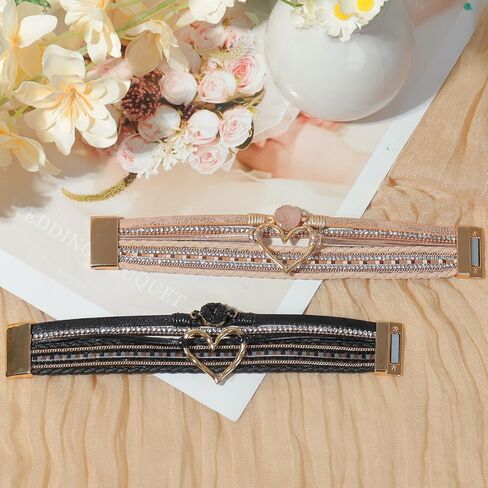 2Pcs Boho Bracelets Woven Leather Multi-Layer Wrap Bracelet Gold Love Heart Shape Inlaid Rhinestone Stackable Fashion Women Bracelet Jewelry in Saudi Arabia
