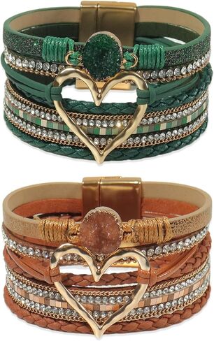 2Pcs Boho Bracelets Woven Leather Multi-Layer Wrap Bracelet Gold Love Heart Shape Inlaid Rhinestone Stackable Fashion Women Bracelet Jewelry in Saudi Arabia