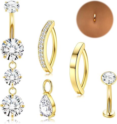 LOLIAS Gold Belly Button Ring - 14G Surgical Stainless Steel Belly Rings Hypoallergenic Clicker Belly Button Piercings for Women CZ Dangle Belly Button Rings Navel Piercing Pack Silver/Gold in Saudi Arabia