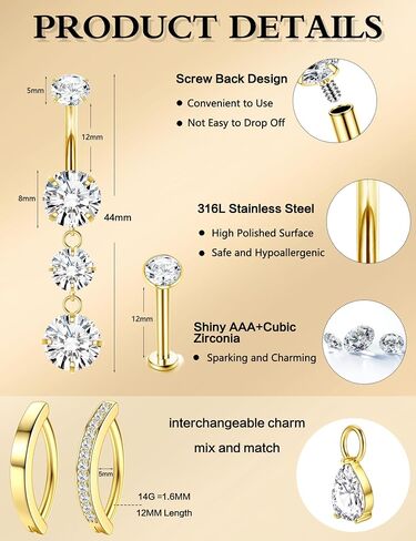 LOLIAS Gold Belly Button Ring - 14G Surgical Stainless Steel Belly Rings Hypoallergenic Clicker Belly Button Piercings for Women CZ Dangle Belly Button Rings Navel Piercing Pack Silver/Gold in Saudi Arabia