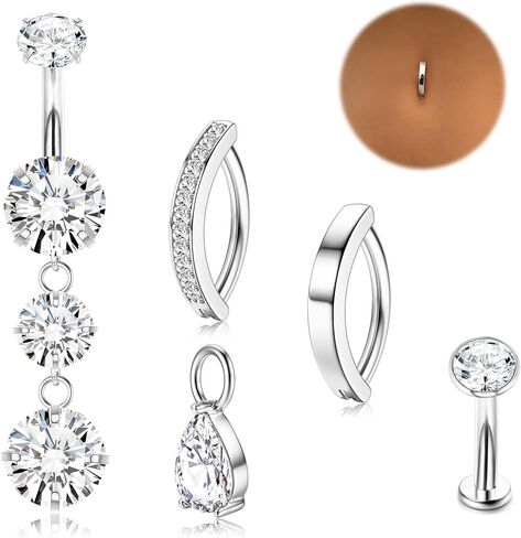 LOLIAS Gold Belly Button Ring - 14G Surgical Stainless Steel Belly Rings Hypoallergenic Clicker Belly Button Piercings for Women CZ Dangle Belly Button Rings Navel Piercing Pack Silver/Gold in Saudi Arabia