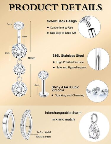 LOLIAS Gold Belly Button Ring - 14G Surgical Stainless Steel Belly Rings Hypoallergenic Clicker Belly Button Piercings for Women CZ Dangle Belly Button Rings Navel Piercing Pack Silver/Gold in Saudi Arabia