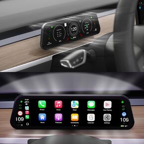9.6 "شاشة عرض لأعلى Tesla Model Y & Model 3 - Carplay Wireless و Android Auto ، شاشة رفيعة للغاية مع الكاميرا الأمامية ، لا انسداد AC ، تحديثات OTA ، معلومات المزامنة ، استخدام الطاقة المنخفضة