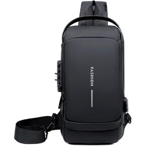 Travel Sling Bag Waterproof Crossbody Bag with Combination Lock Anti-Theft PU Leather Chest Bag with USB Charging Hole Shoulder Backpack Motorcycle Bags Black-gold