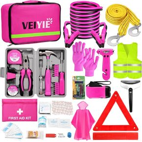 طقم سيارات الطوارئ على جانب الطريق للمركبات ، مجموعة طوارئ طوارئ للسيارات الوردية مع كابلات الطائر ، وأدوات سلامة السيارات ، وحزام السحب ، ومجموعة الأدوات ، ومساعدة الرحلة على الطريق للرجال ، والنساء ، وهدايا السائقين الجديدة