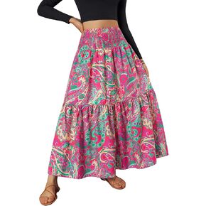 YHYJMY Women's Boho Skirt Elastic High Waist Pleated A-Line Flared Maxi Skirts Womens Flowy Long Skirts