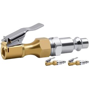 Gold Air Chuck with Clip Tire Inflator Compressor with Clip Closed Flow Lock Brass Tire Chuck Hose Connect Accessories Heavy Duty Inflator Gauge Compressor Accessories Inflator Adapter Connect