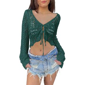 Saodimallsu Womens Crochet Crop Tops Tie Front Bell Long Sleeve Cardigan V Neck Lightweight Knit Shrug Sweaters