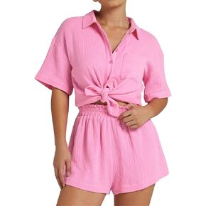 Flygo Womens Casual 2 Piece Outfits Cotton Linen Sets Button Down Shirt Shorts Resort Wear 2025 Pajama Beach Coverup Set
