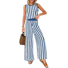 ZESICA Women's Summer Two Piece Outfits Crop Tank Tops and Wide Leg Pants Striped Lounge Travel Sets Casual Tracksuits
