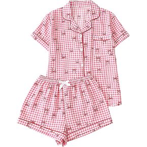 SHENHE Women's 2 Piece Pajama Set Bow Graphic Button Down Short Sleeve Lapel Shirt Pj Short Set